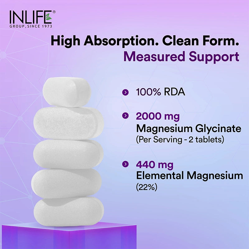 INLIFE Magnesium Glycinate tablets contain chelated magnesium glycinate with 440mg elemental magnesium per 2000mg tablet