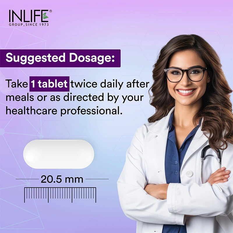 Recommended daily intake and the tablet size of INLIFE Mag Glycinate Forte tablet