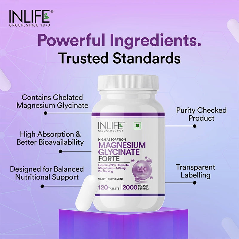 INLIFE Mg glycinate tablets contain chelated magnesium for enhanced absorption and balanced nutrition support