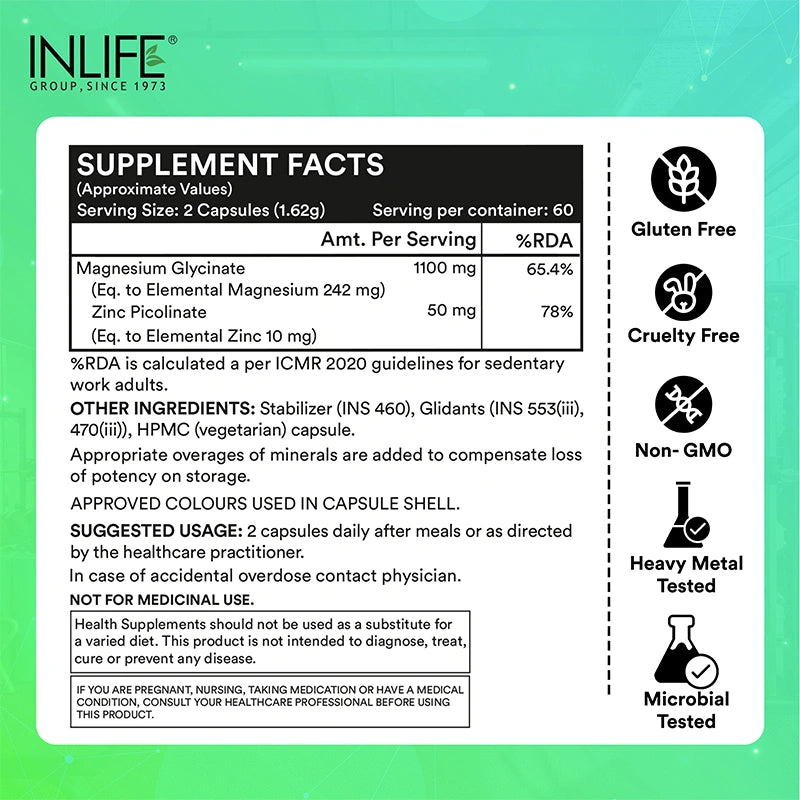 INLIFE Mg Glycinate capsules supplement fact, serving size along with product claims