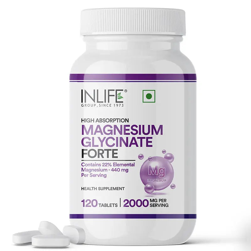 INLIFE Magnesium Glycinate bottle label showing high absorption, number of tablets, mg per serving, and elemental magnesium