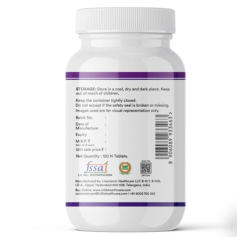 INLIFE Magnesium Glycinate tablet bottle label showing storage, manufacturer and batch details, compliance badges
