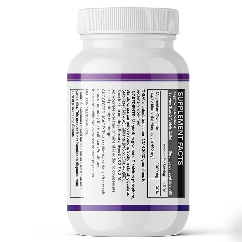 INLIFE Magnesium Glycinate bottle label showing supplement facts, serving size, suggested usage.