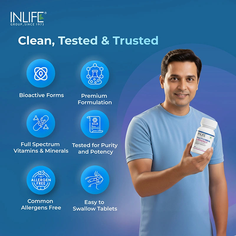 INLIFE Multivitamin & Minerals quality assurance graphic. A man in a blue shirt holds the product bottle, surrounded by icons highlighting key features: Bioactive Forms, Premium Formulation, Full Spectrum, Tested for Purity and Potency, Allergen Free, and Easy to Swallow Tablets