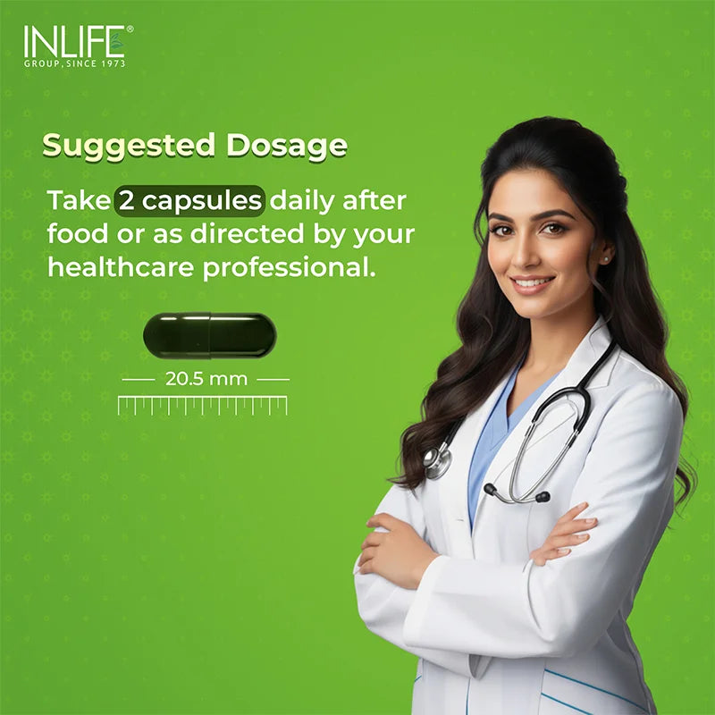 Suggested dosage of INLIFE Plant Based Vitamin B12 capsules shown with capsule size illustration – two capsules daily after food for plant-based wellness support.