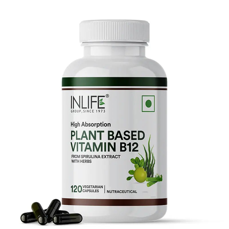 Full bottle and capsule image of INLIFE High Absorption Plant Based Vitamin B12, derived from Spirulina Extract and Herbs, for vegan energy and nerve support.