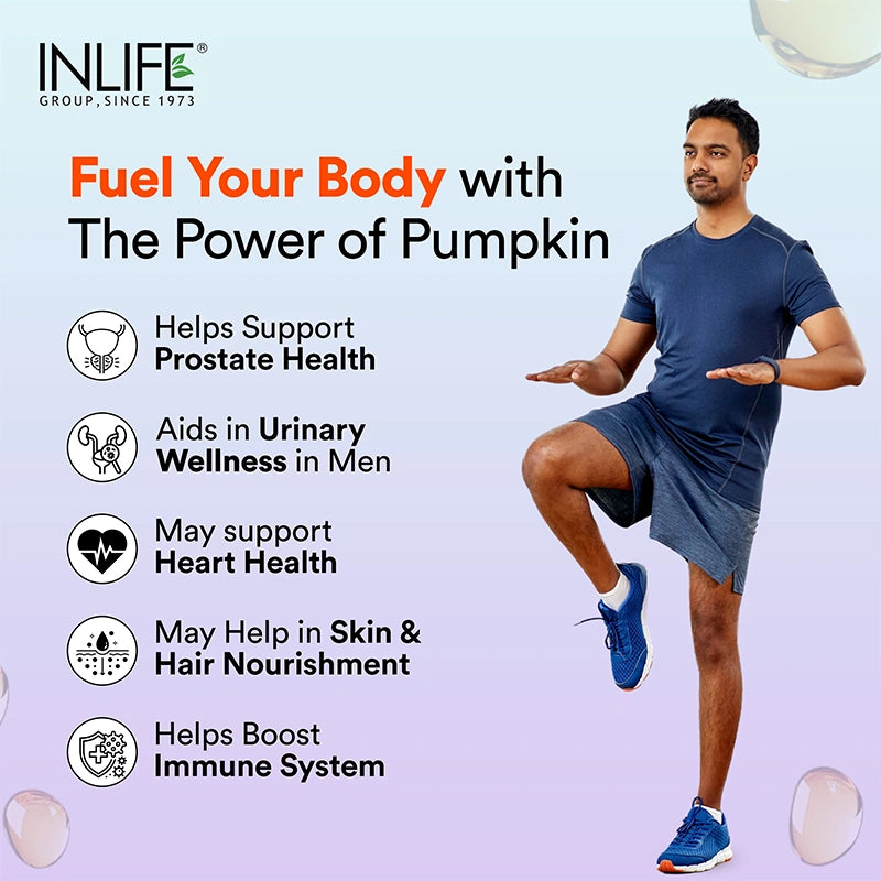 INLIFE Pumpkin Seed Oil liquid-filled capsules support heart, hair, skin, nails, urinary health, and immune wellness.