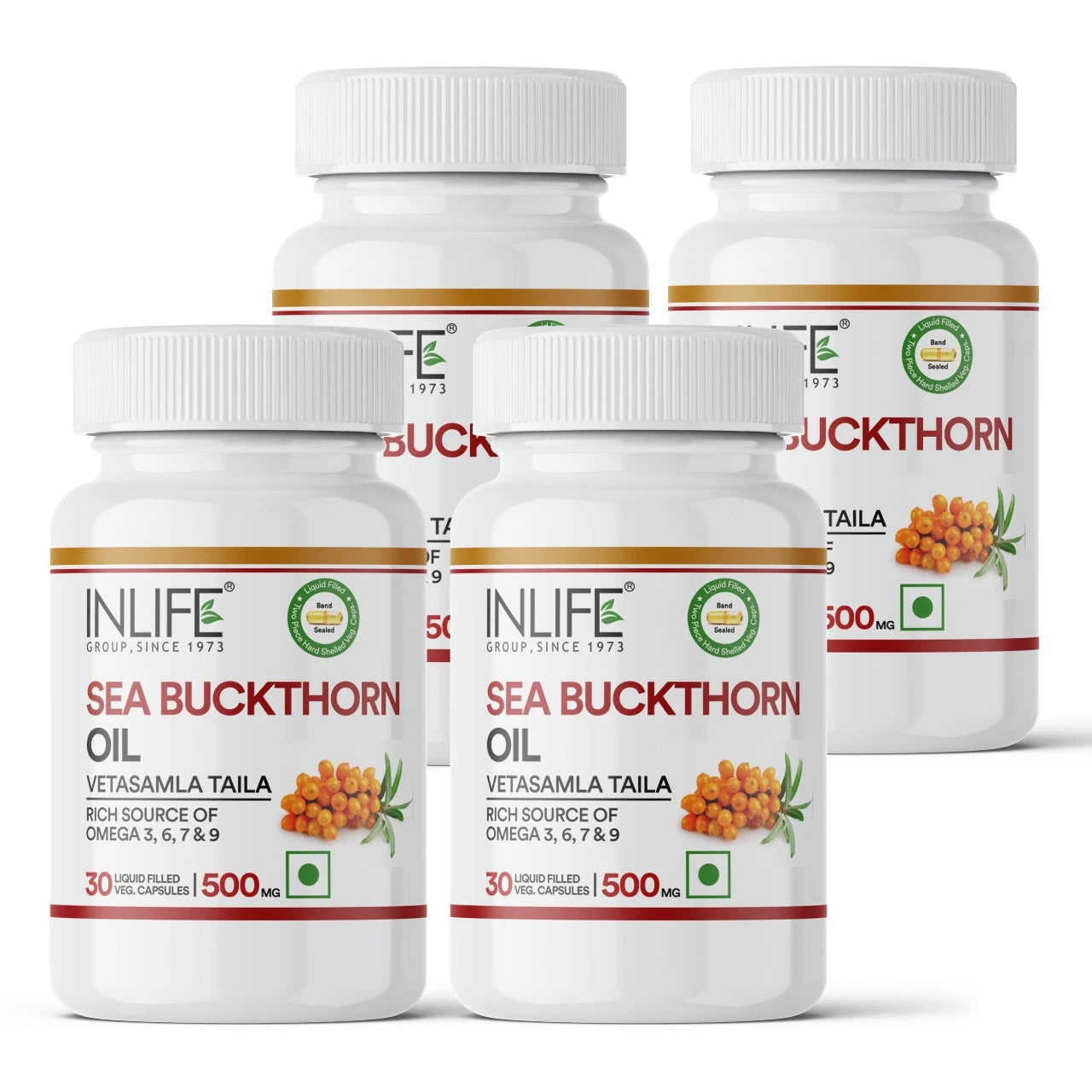 4-pack of Sea Buckthorn oil capsules for skin, hair, and metabolic Health.