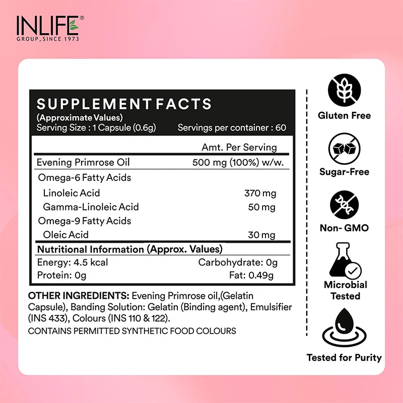 Supplement facts of INLIFE Evening primrose oil containing nutritional info and product claims