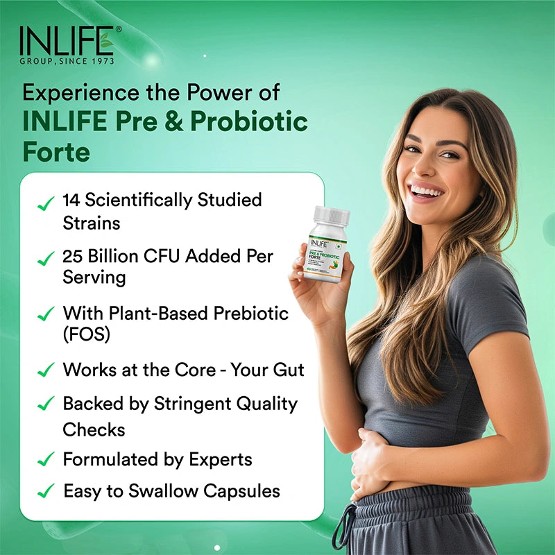 INLIFE Pre & Probiotic capsules have 14 scientifically studied strains with plant-based prebiotics in easy-to-swallow capsules.