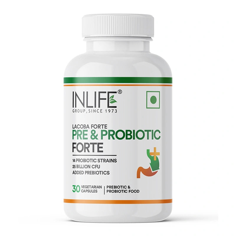 20 INLIFE Veg Pre& pro biotic capsules with 14 probiotic strains and 25 billion CFU.