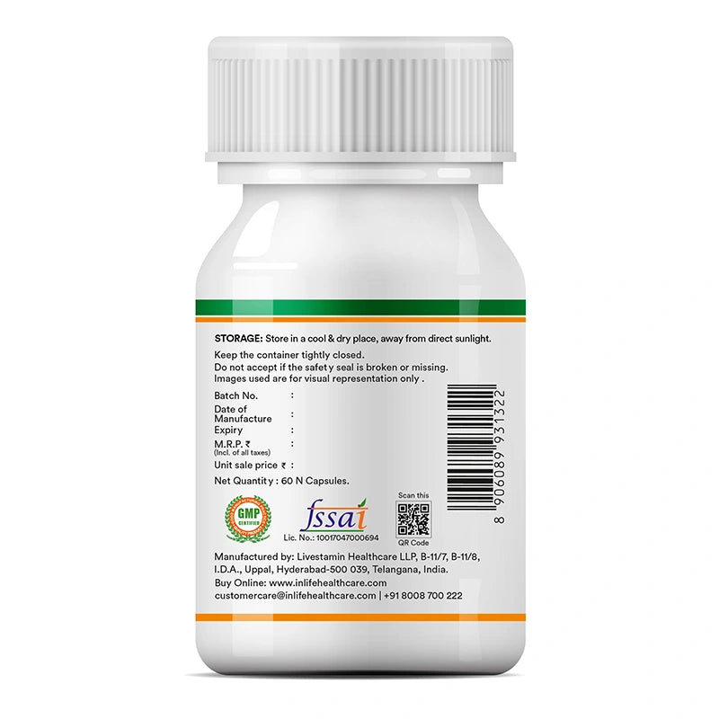 INLIFE Pre & Probiotic capsules label showing storage, mfg., batch and compliance details