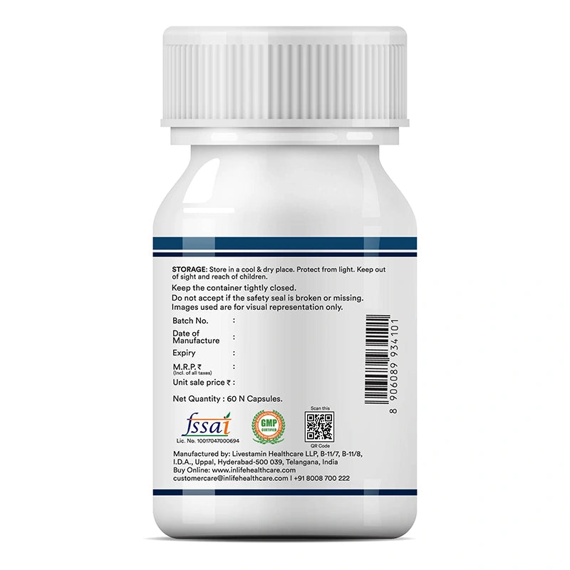 INLIFE B-Complex capsules label showing the storage, batch details, manufacturer details, net qty & compliance.