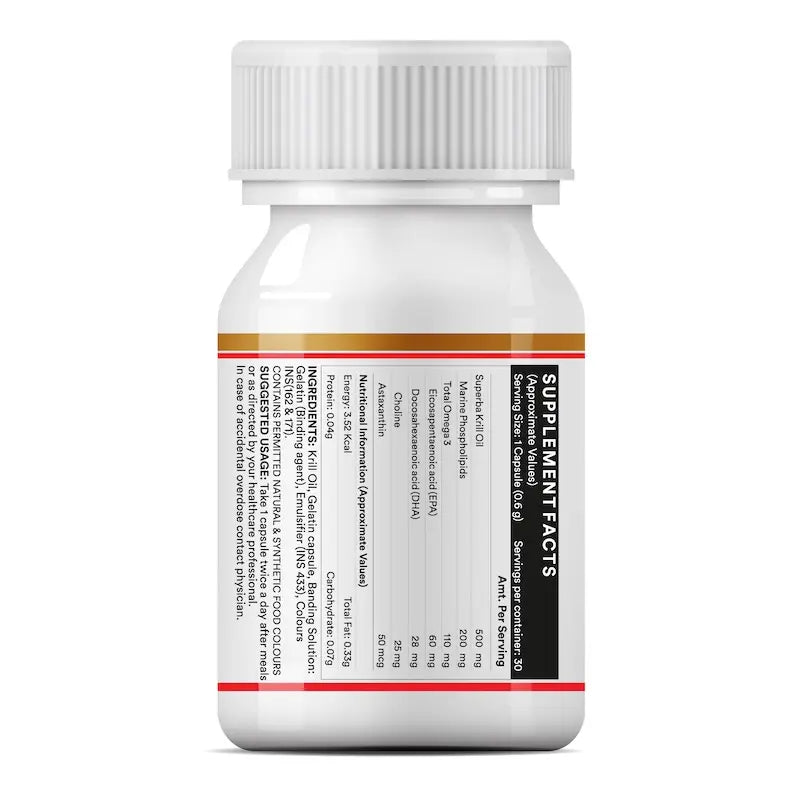 Label of krill oil capsules displaying storage info, batch & manufacturer details, compliance logos