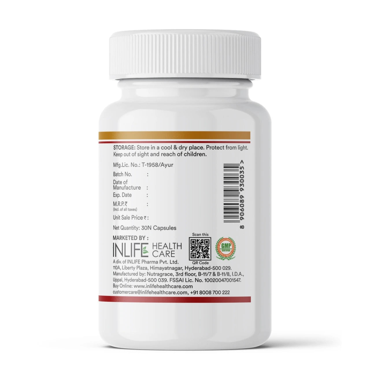 INLIFE sea buckthorn oil capsules right side image showing the supplement facts, suggested usage and warnings.