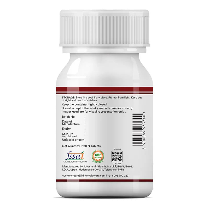 INLIFE Vitamin B12 with ALA Tablets right side image showing the supplement facts, suggested usage and warnings.
