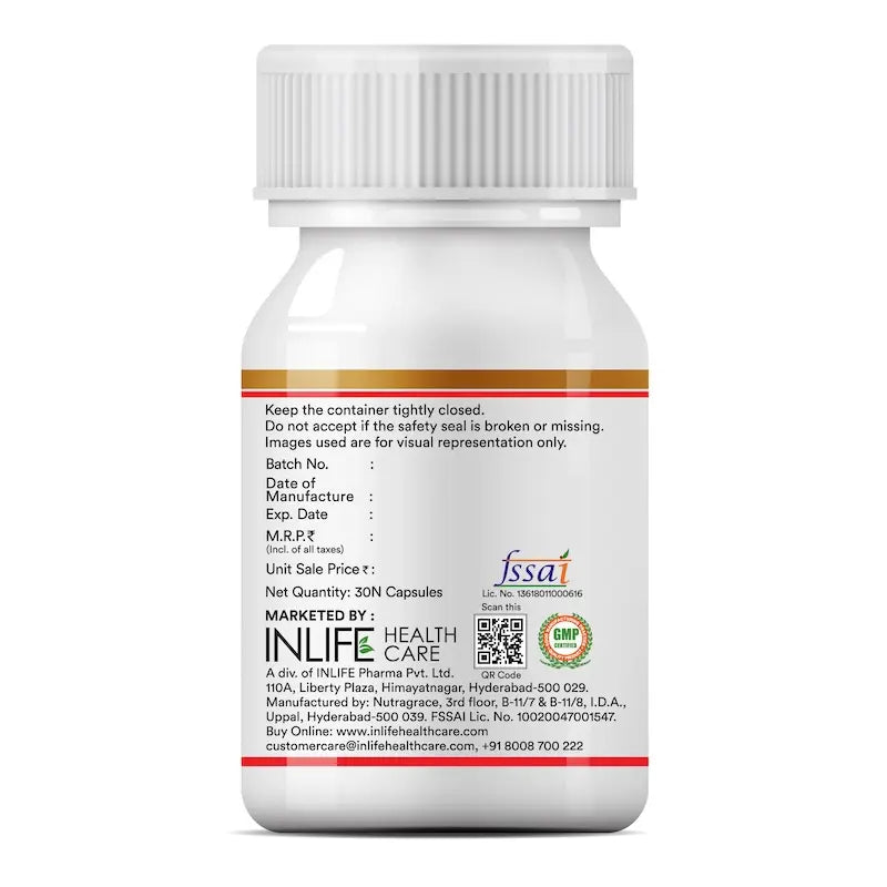 INLIFE krill oil capsules right side image showing the supplement facts, suggested usage and warnings.