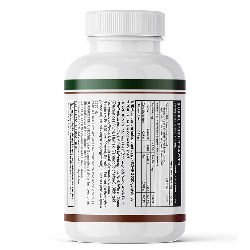 Label of Plant Based Vitamin B12 Capsules displaying storage info, batch & manufacturer details, compliance logos