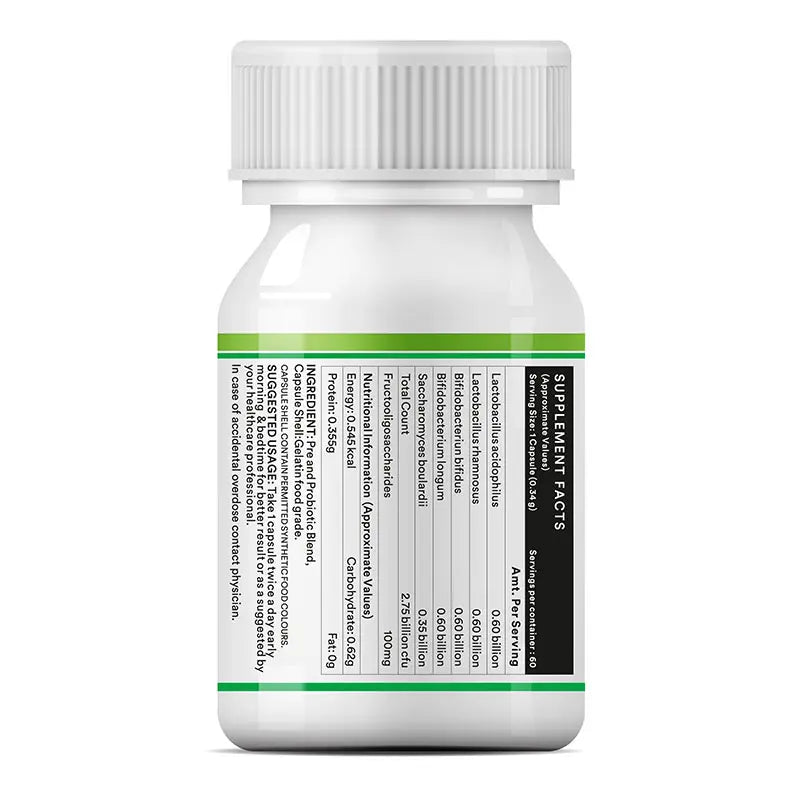INLIFE pre and probiotic capsules right side image showing the supplement facts, suggested usage and warnings