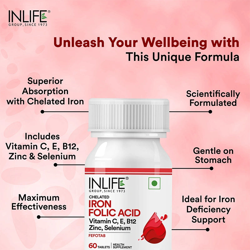 Inlife Chelated Iron Folic Acid Supplement with Vitamin C, E, B12, Zinc & Selenium Vegetarian Tablets