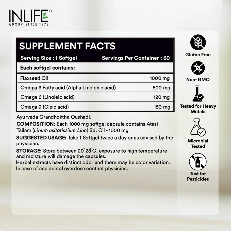 Inlife Flaxseed Oil Capsules Omega 3 6 9 Supplement, 1000mg, Softgels