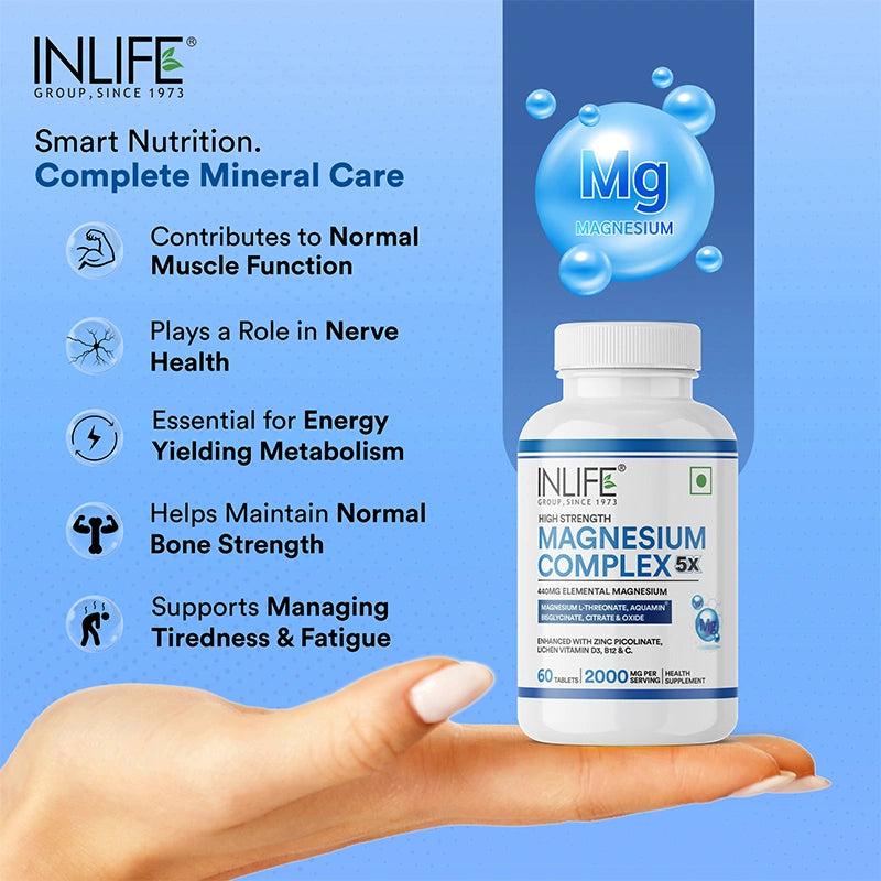 Inlife 5X Magnesium Complex 2000mg with Zinc, Vitamin C, D3, B12 Veg. Tablets