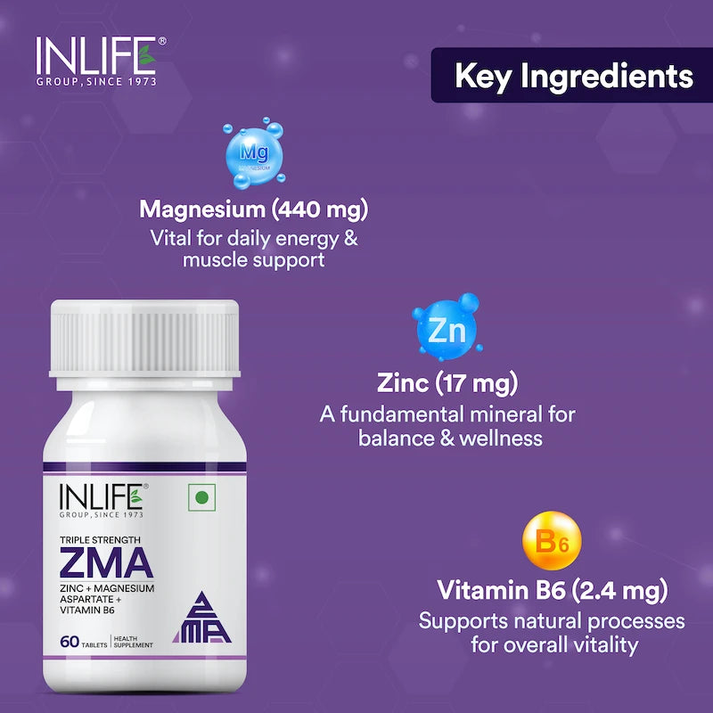Inlife ZMA- Zinc Magnesium Aspartate and Vitamin B6 Supplement for Men and Women | Muscle Recovery and Sleep Support Supplement | Vegetarian Tablets