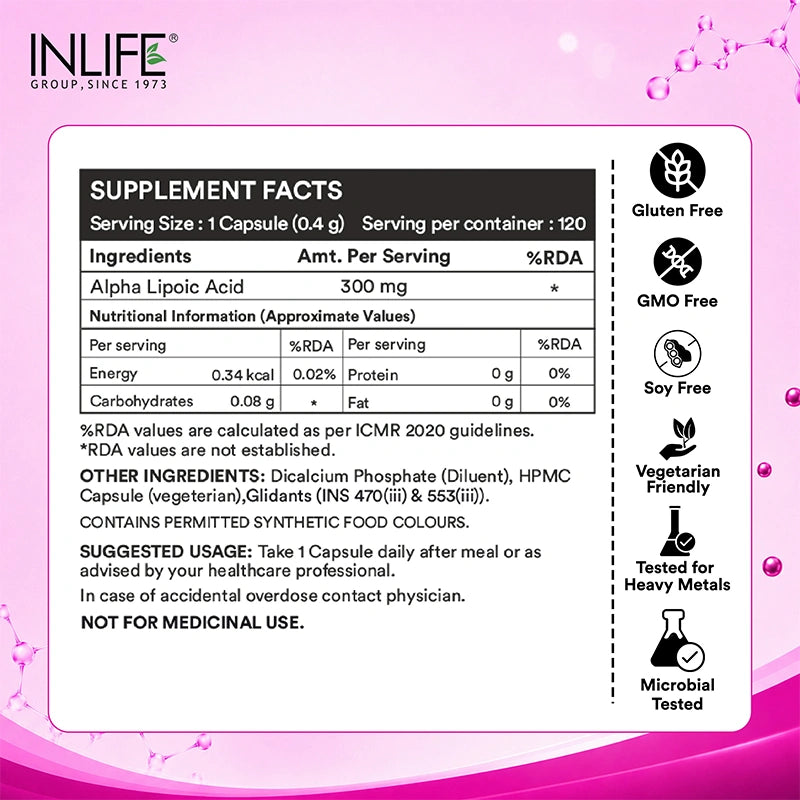 Inlife Alpha Lipoic Acid 120 Capsules Supplements Facts.Image