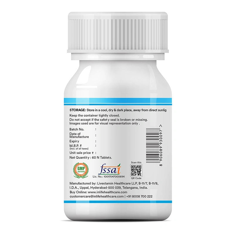 INLIFE Vitamin D3 + Calcium tablets label displaying storage info,batch & manufacturer info,compliance.