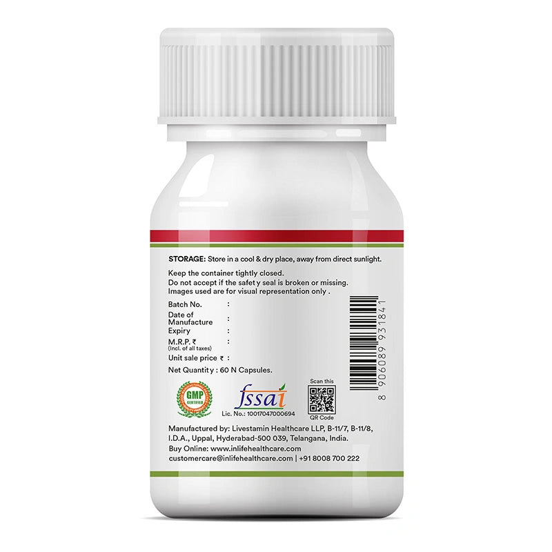 INLIFE Cranberry D-Mannose capsules label displaying storage info,batch & manufacturer info,compliance.