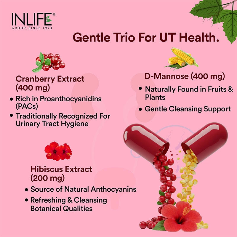 INLIFE Cranberry D-Mannose capsules is all-natural and features a powerful 3-in-1 blend with 25% PACs for absorption and quality
