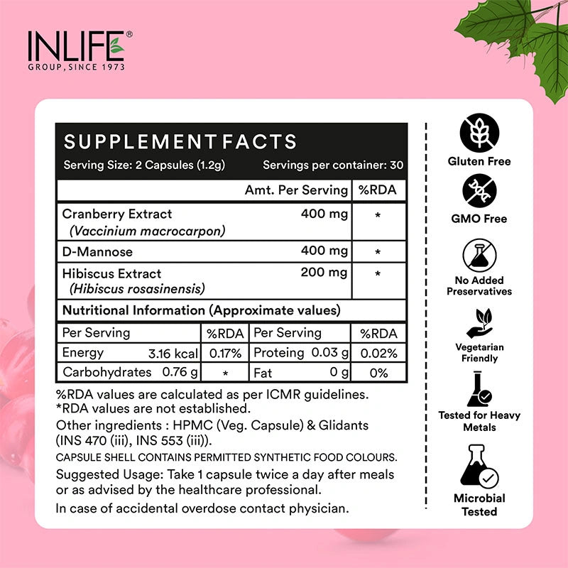 Supplement facts for INLIFE Cranberry D-Mannose capsules along with product claims susch as GMO-Free,Soy-Free,and testings.