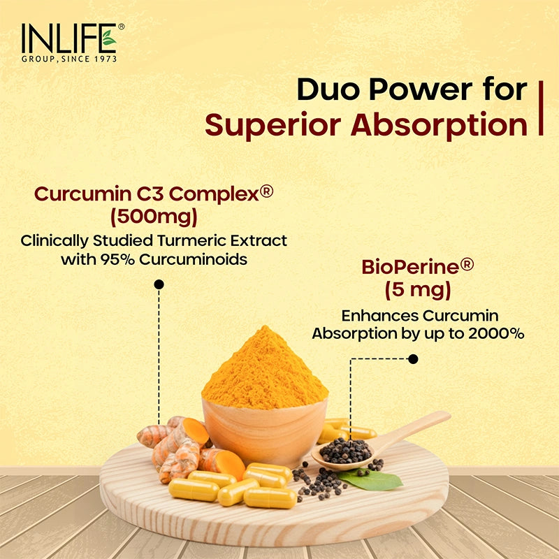 INLIFE curcumin capsules with Curcumin C3 Complex and BioPerine offer duo power for superior absorption