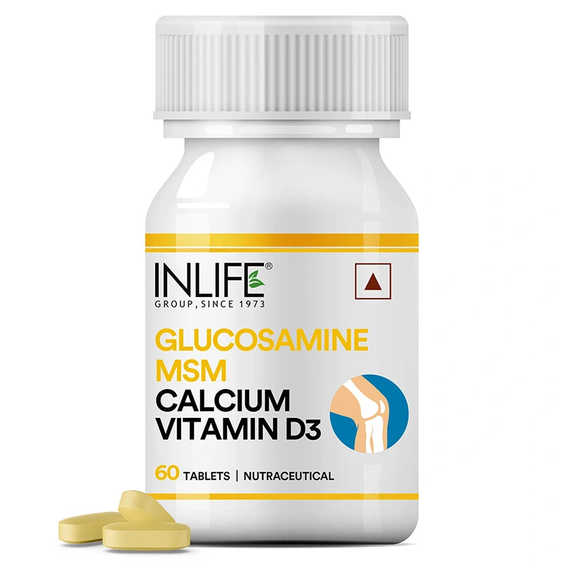 Inlife Glucosamine MSM Calcium Vitamin D3 front bottle .image with capsules