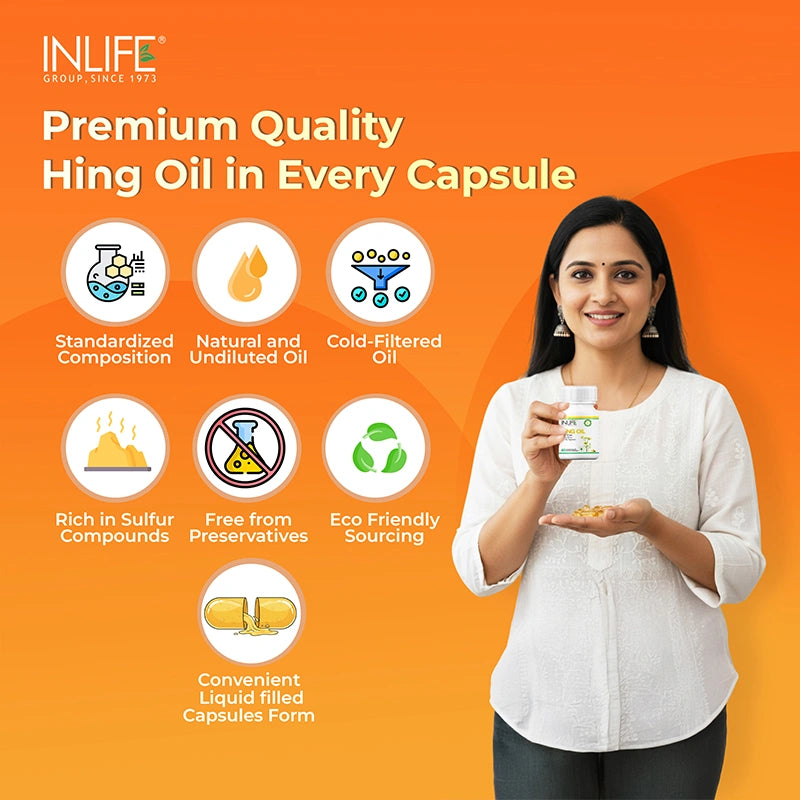 Inlife Hing Oil Capsules key features highlighting standardized composition, natural undiluted oil, cold-filtered purity, sulfur-rich content, preservative-free, eco-friendly sourcing, and convenient liquid-filled capsule form