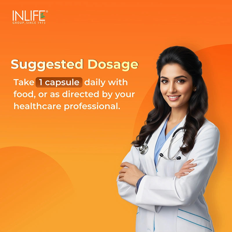 Inlife Hing Oil Capsules suggested dosage information with serving instructions for daily use of natural asafoetida oil supplement