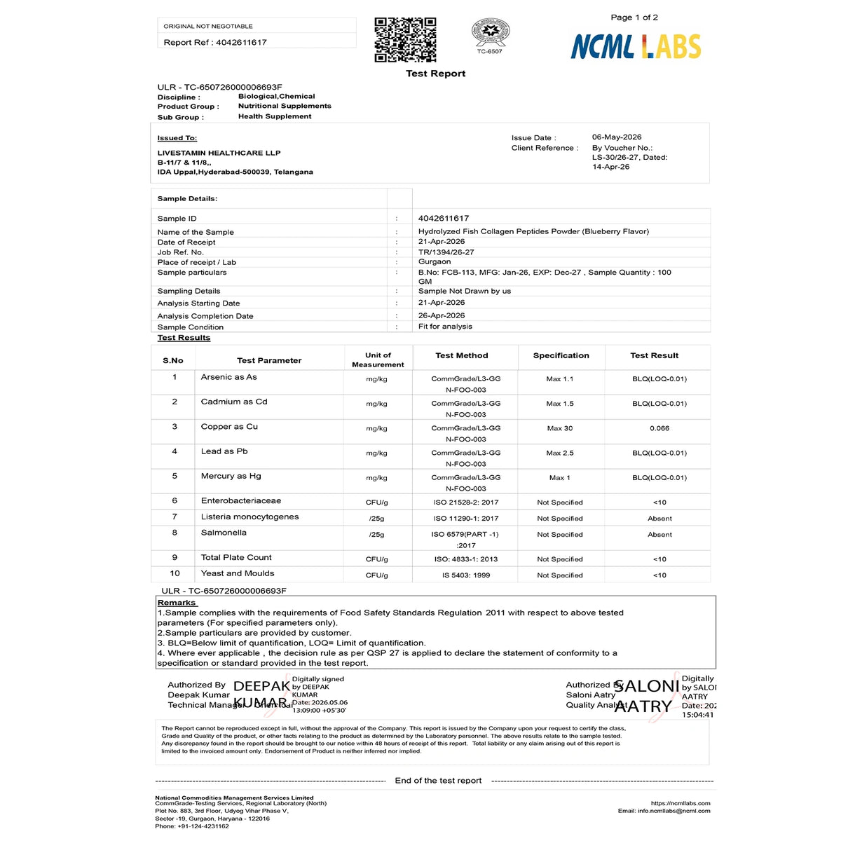 Inlife Hydrolyzed fish collagen lab report .image