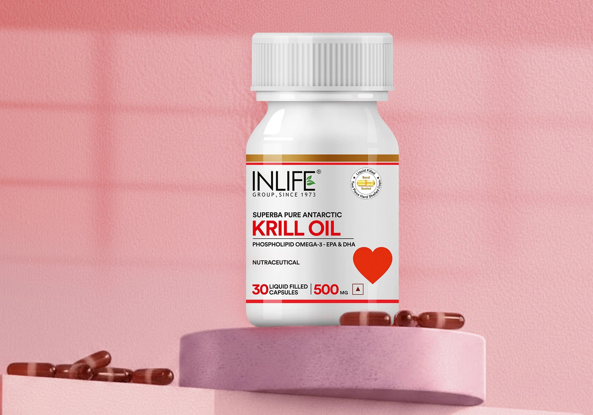 Inlife krill oil front bottle image with capsules helps in joint health, skin and Heart and Brain wellness