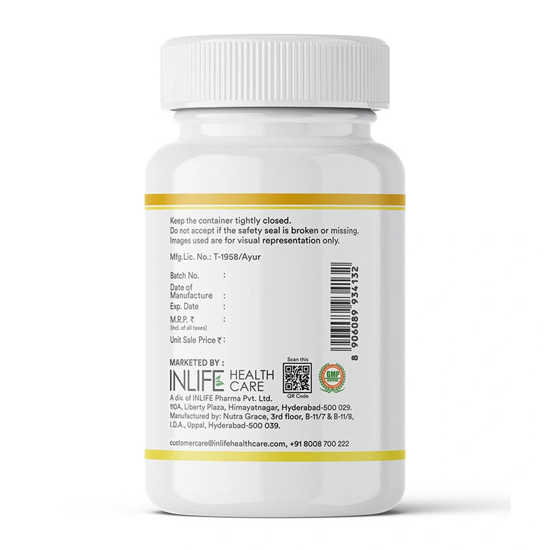 Inlife lemon and Coriander oil capsules right side image showing the supplement facts, suggested usage and warnings.