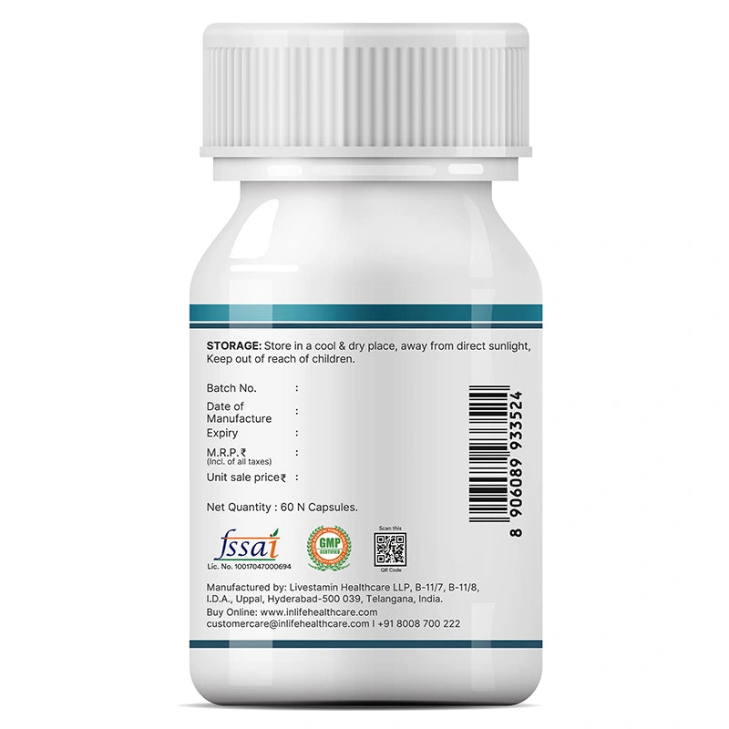 Inlife NAC Right bottle image containing storage, certifications, mfg and batch details.