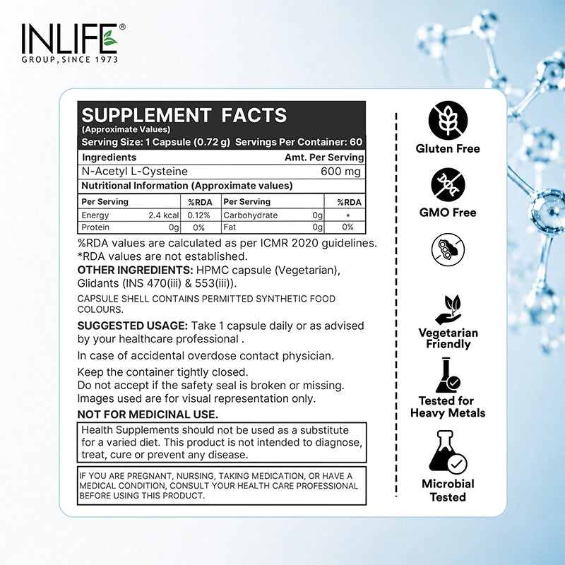 Inlife NAC upplement facts with gluten free, non gmo, soy-free, vegetarian friendly, microbial and heavy metal tested.