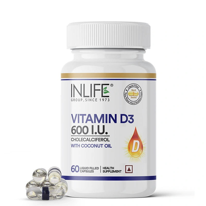 Inlife VitaminD3 600 I.U. Capsules Front Bottle. Image