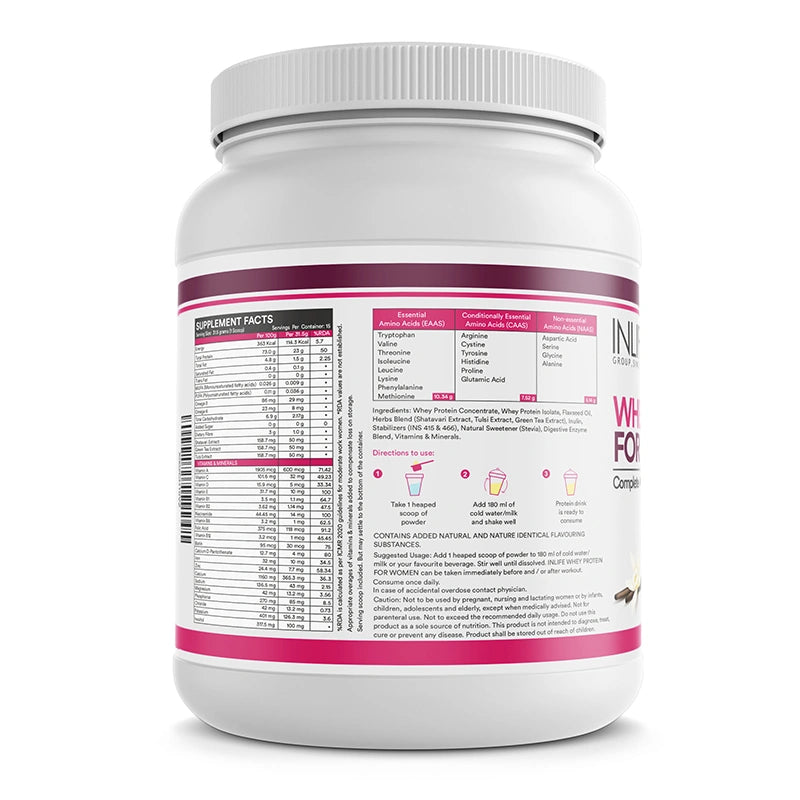Inlife Whey protein powder for women vanilla flavor left bottle .image
