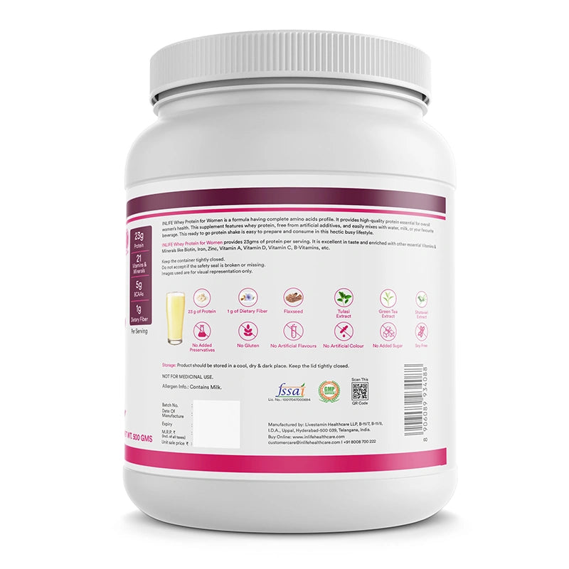 Inlife Whey protein powder for women vanilla flavor right bottle .image