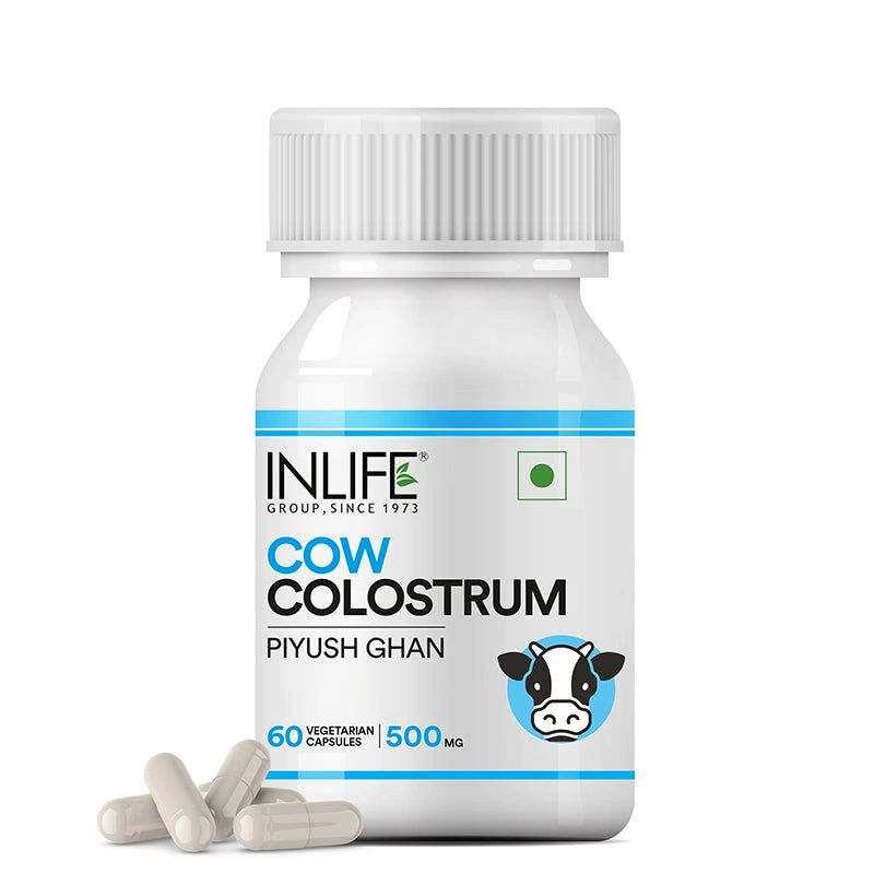 Inlife cow colostrum front bottle. image with capsules