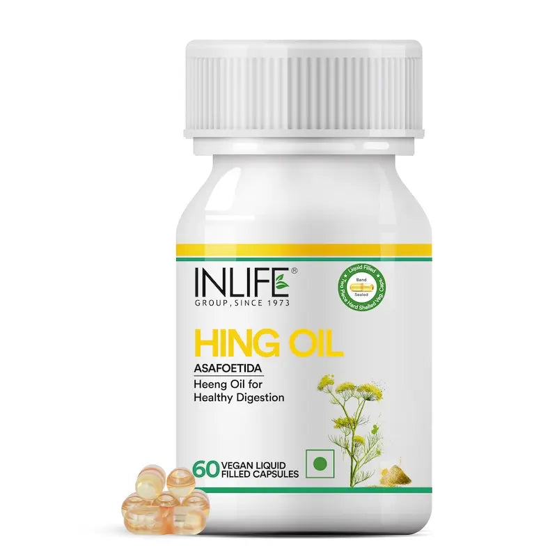 Inlife Hing Oil Capsules Bottle with liquid-filled softgel capsules – natural asafoetida oil supplement for digestive and Women's internal wellness