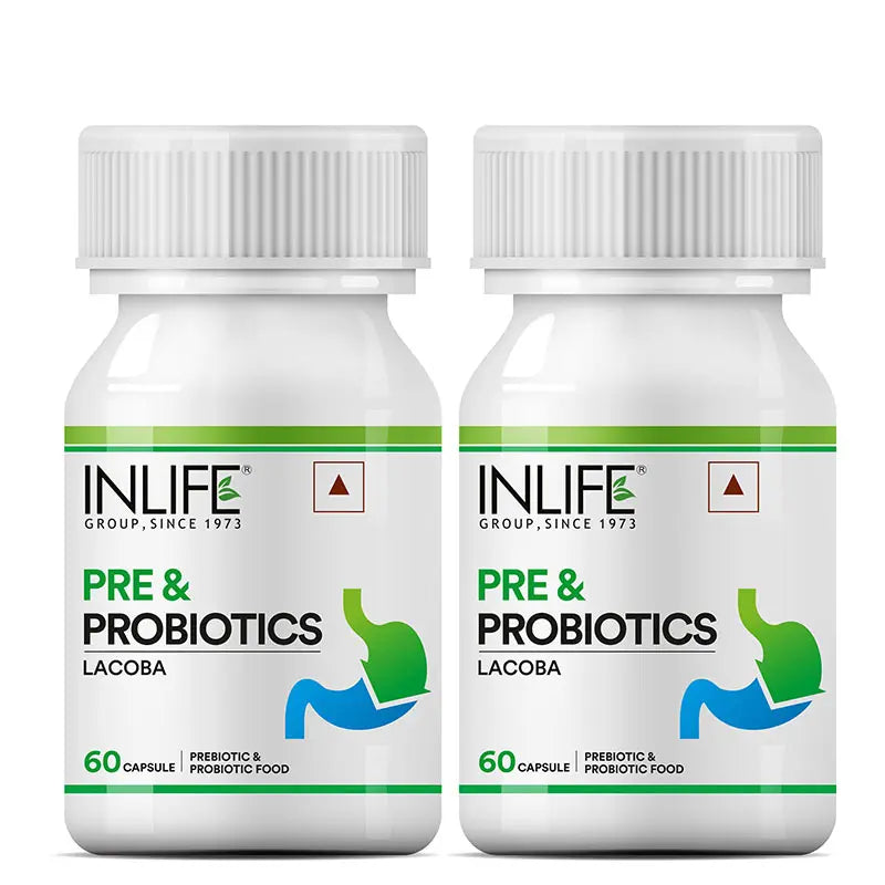 2 pack of inlife pre and probiotic capsules bottle images for digestive and Gut health
