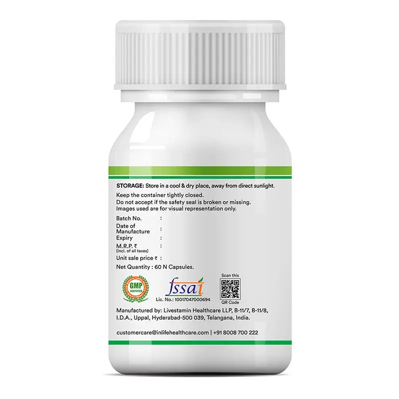 Label of Inlife pre and probiotic Capsules displaying storage info, batch & manufacturer details, compliance logos