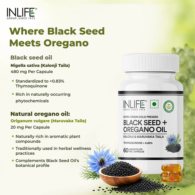Inlife Black Seed Oil with Oregano, Veg Liquid Filled Capsules