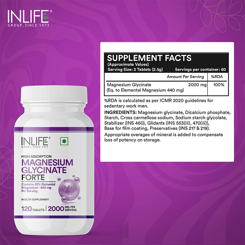 Inlife Chelated Magnesium Glycinate Forte Supplement 2000mg | 120 Tablets
